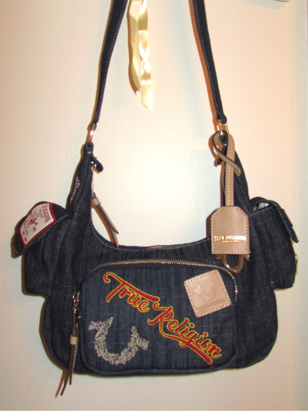 True Religion Dark Blue Denim Shoulder Bag with Tan Accents - Like New